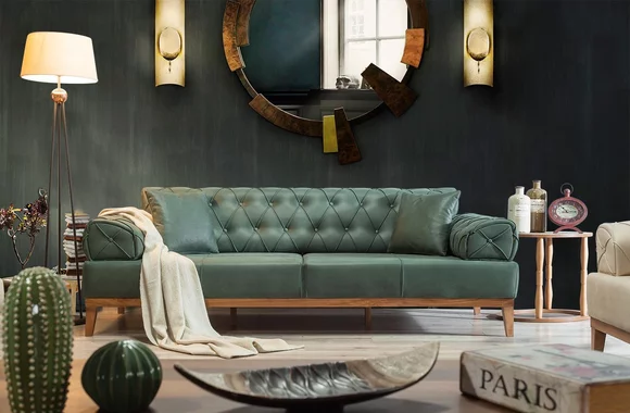 Chesterfield Sofa 3 Sitz Couchen Dreisitzer Grün Neu Textil Holz 220cm