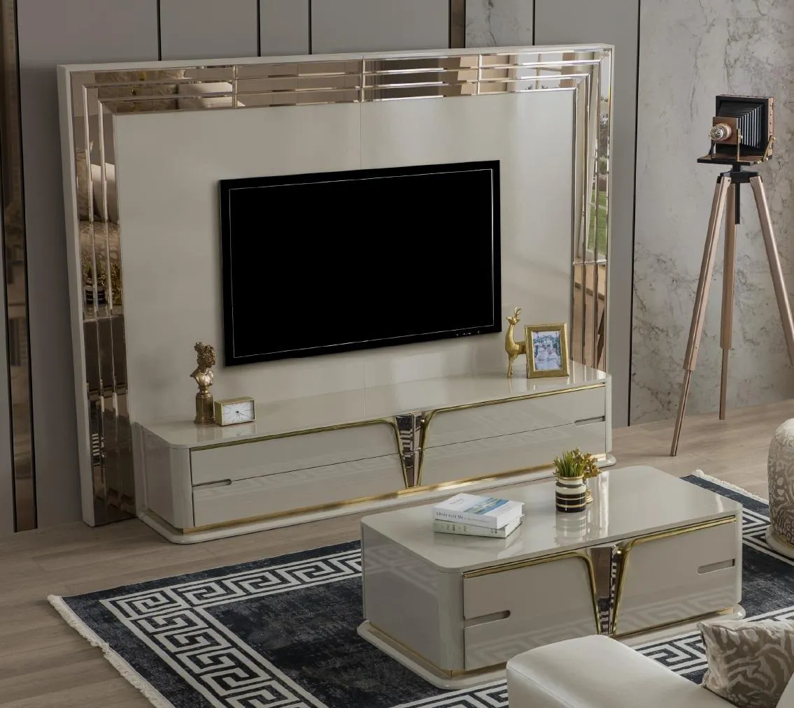 TV Ständer RTV Lowboard Sideboard Wohnzimmer Gold Beige Luxus Holz