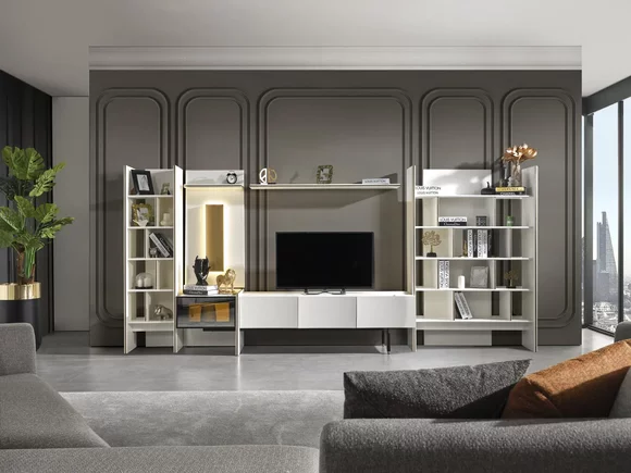 Garnitur Wohnwand TV Ständer RTV Lowboard Sideboard Regale Holz Weiß