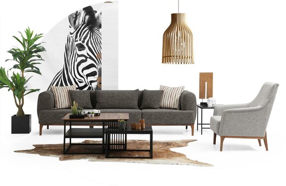 Sofagarnitur Dreisitzer Sitzer Modern Sessel Stoff Grau Wohnzimmer Set