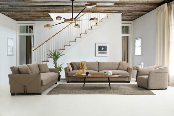 Sofagarnitur 441 Sitzer Sessel Viersitzer Modern Stoff Beige Set 3tlg