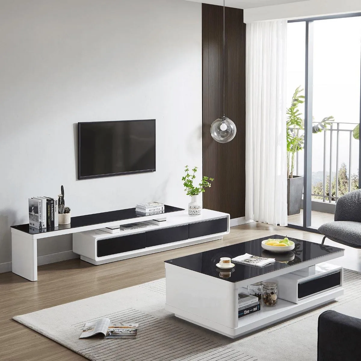 Schwarz Weißer TV-Ständer Luxus Glas Sideboard Wohnzimmer Möbel