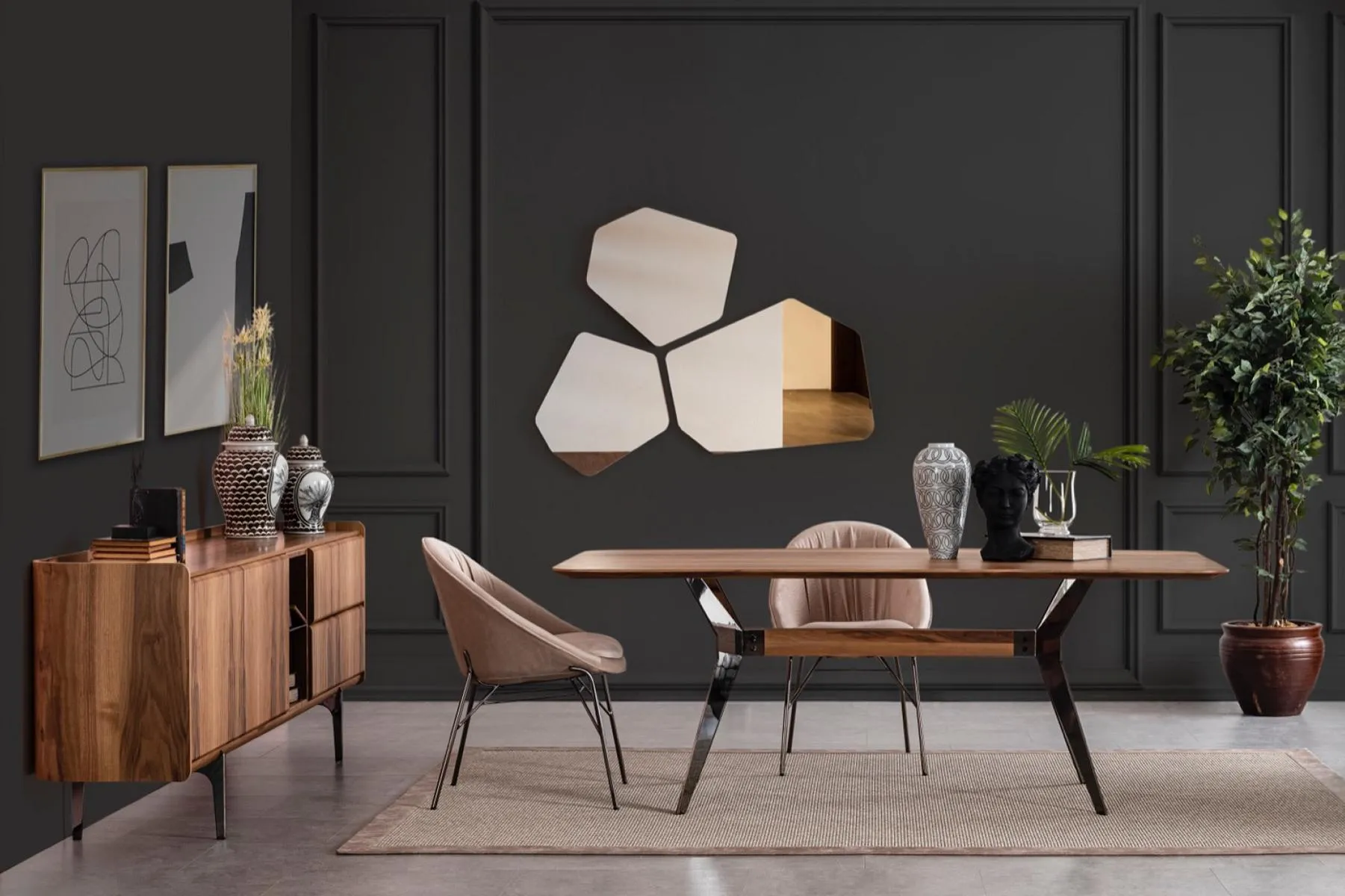 Moderne Esszimmer Garnitur Esstisch 2x Stühle Sideboard mit 3x Spiegel