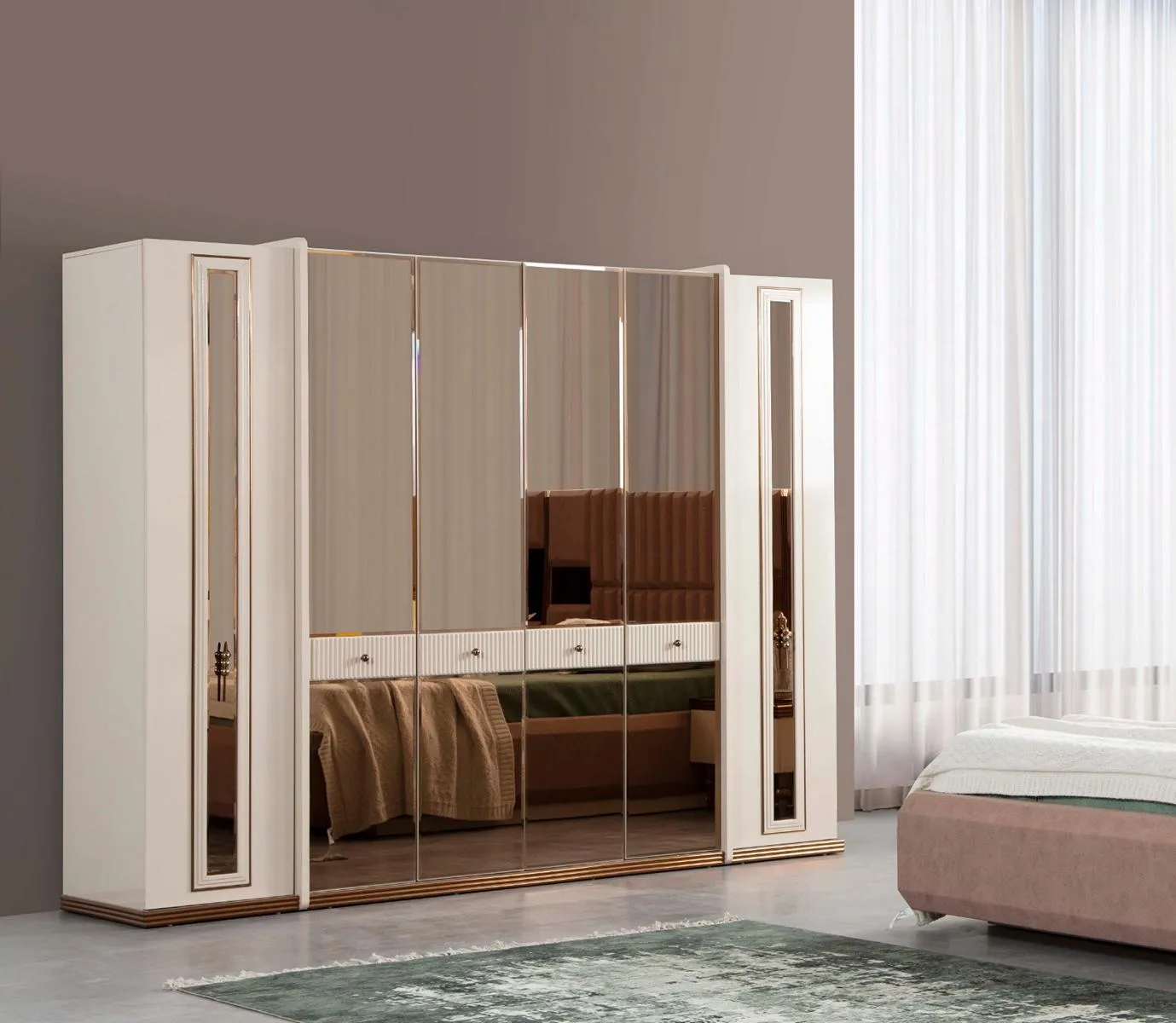 Sechstüriger Kleiderschrank Schrank Beige Möbel Holz Garderobenschrank
