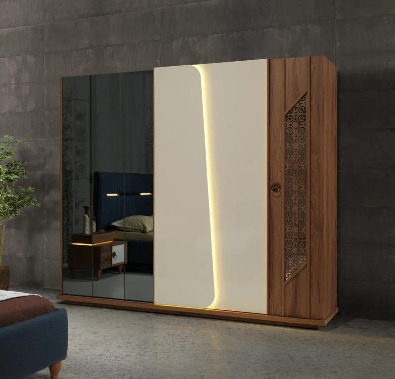 Schlafzimmer Kleiderschrank Schrank Holz Design braun LED Schränke