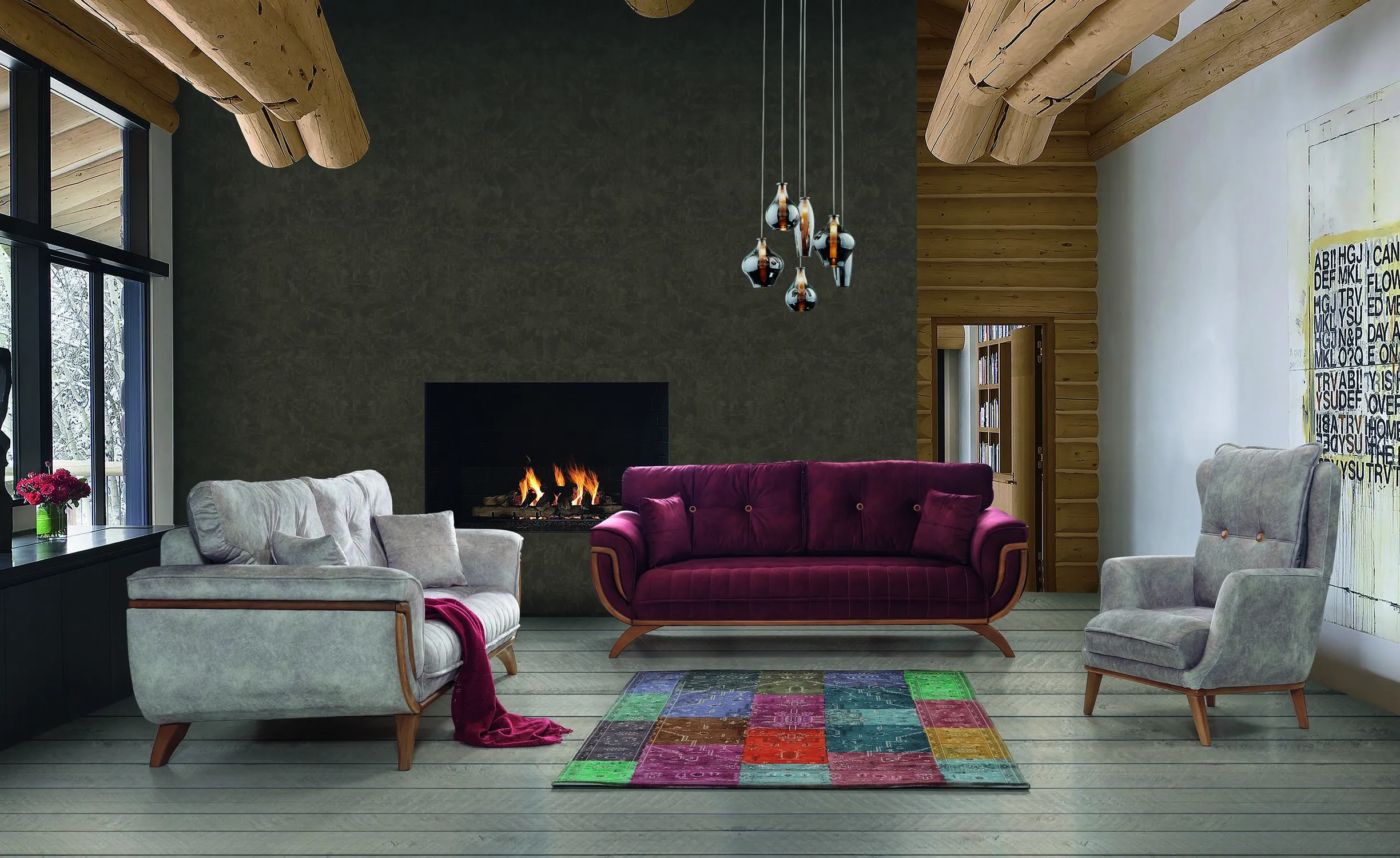 Wohnzimmer Sofagarnitur 3+3+1 Polster Textil Design Modern grau Möbel