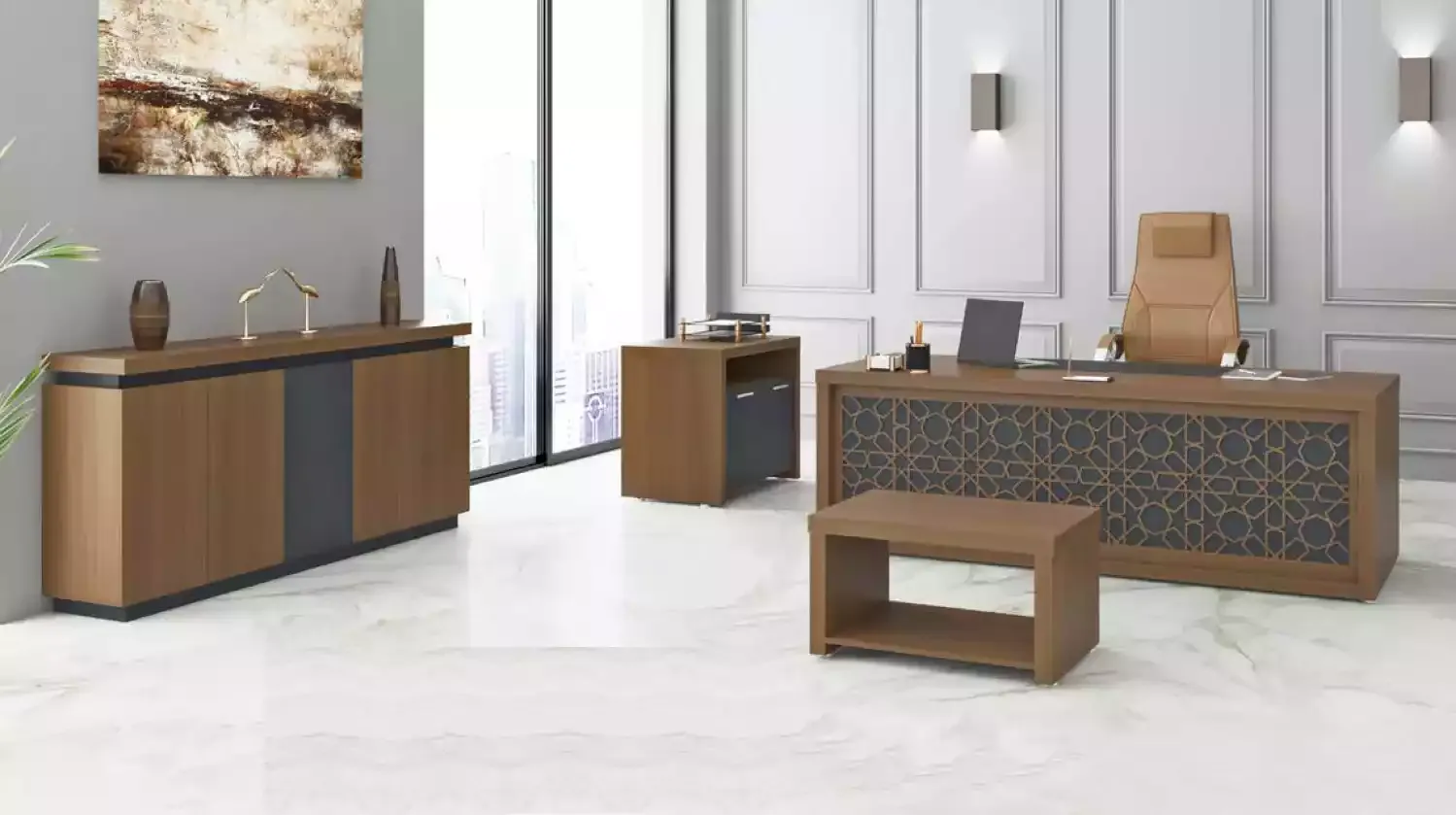 Holzmöbel Büro Set Schreibtisch Couchtisch Arbeitszimmermöbel 4tlg