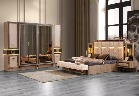 Moderne Betten Doppelbett Set 4tlg Schlafzimmer Garnitur Stoff Beige