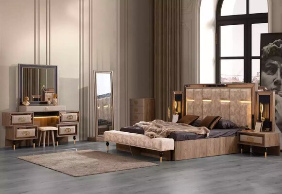 Komplette Schlafzimmermöbel Luxus Bett Set 6tlg Doppelbett Beige Stoff