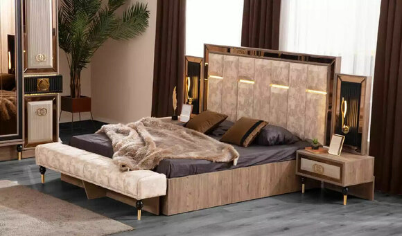 Schlafzimmerbett Doppelbett Beige Stoff Nachttische Set 3tlg Bett