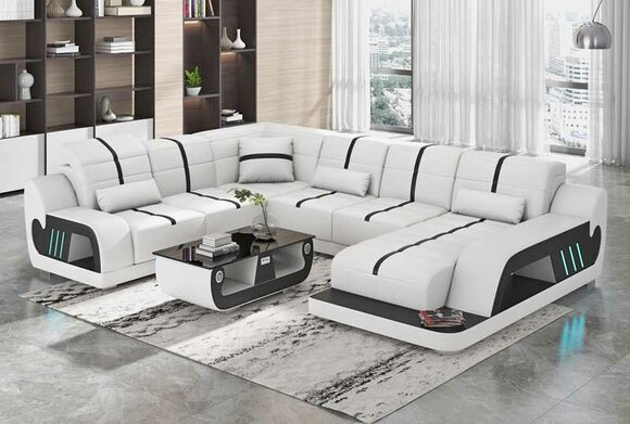 Modern Wohnlandschaft Sofa U Form Ecksofa Designersofa Weiß Kunstleder