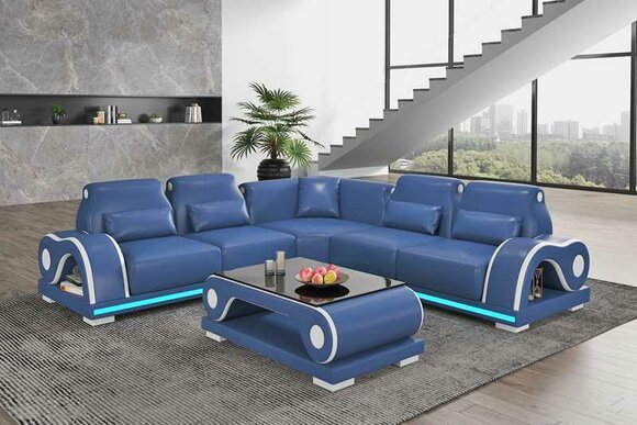 Ecksofa Ledersofa L Form Couch Sofa Blau Luxus Moderne Eckgarnitur Couchen
