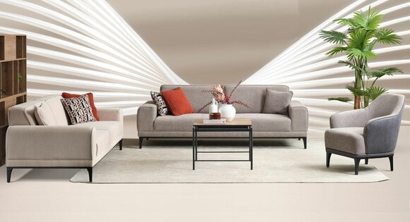 Garnitur Dreisitzer Zweisitzer Sessel Sofa Stoff Beige Stoffsofa Set 3+2+1