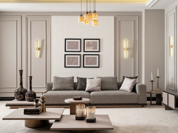 Garnitur Wohnzimmer Viersitzer Sofa 4 Sitzer Couchtische 5tlg Grau Set