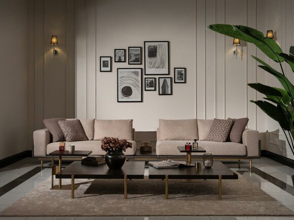 Wohnzimmer Gruppe Sofa Couchtische 4tlg Stoffsofa Beige Holz Moderne
