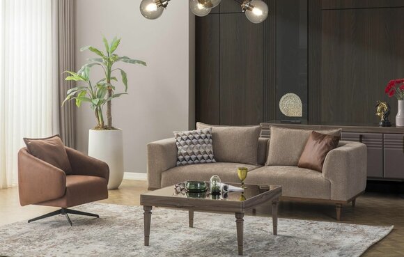 Sofagarnitur Dreisitzer Sessel Polstersofa Modern Stoffsofa Braun Set