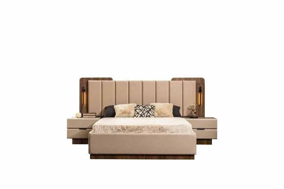 Komplette Schlafzimmer Doppelbett Bett Nachttische Beige Stoff 3tlg