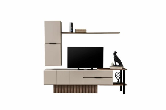 Wohnwand TV Ständer Wandschrank RTV Lowboard Beige Holz Regale