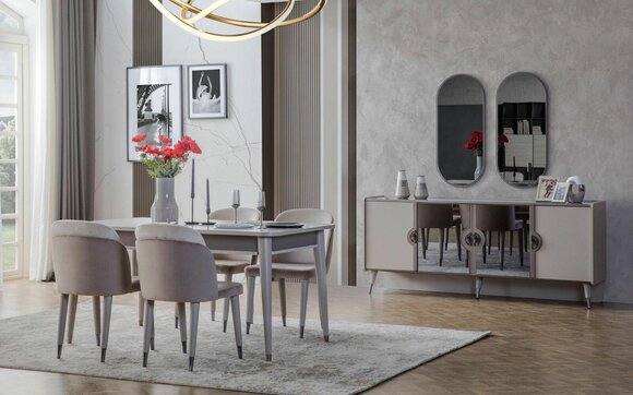 Graue Esszimmergarnitur Esszimmer Stühle Ausziehbarer Tisch Sideboard