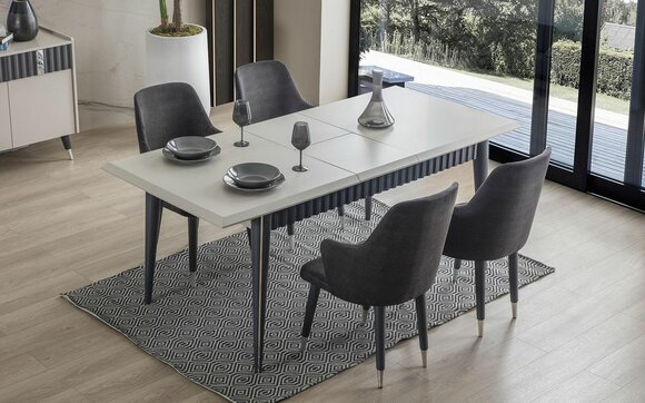 Designer Rechteckiger Weißer Esstisch 6x Graue Polster Stühle 7tlg. Set