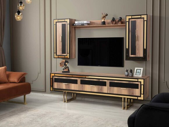 Garnitur Wohnwand TV Ständer Schranke RTV Lowboard Braun Wohnzimmer
