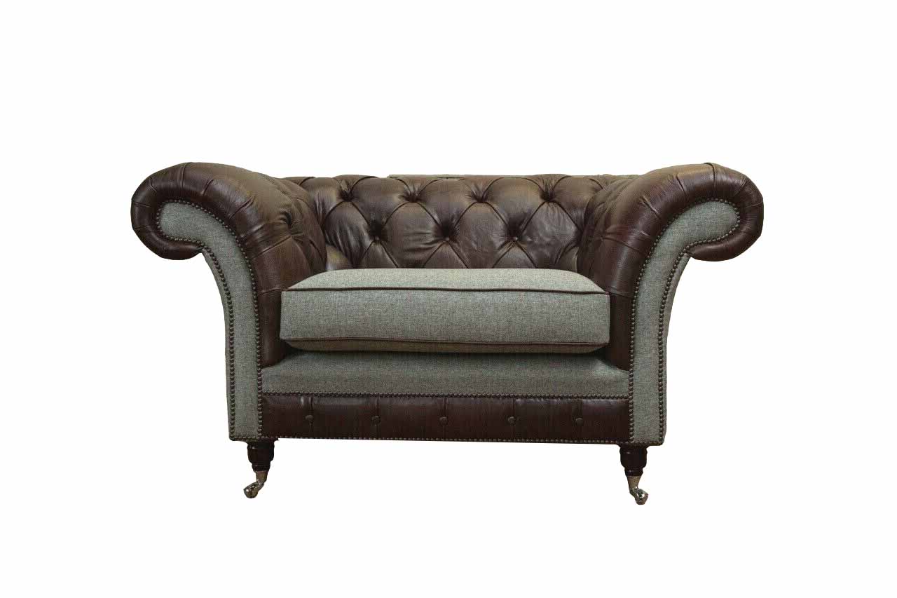 Chesterfield Ohrensessel Grau Sofagarnitur Sessel Couch Ledersofa