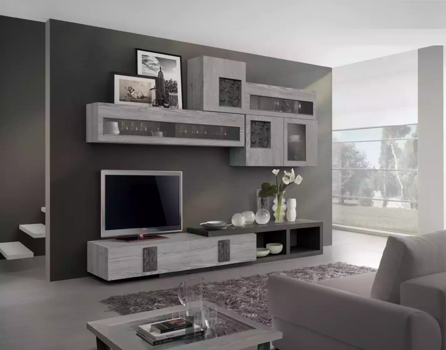 Modernes Wohnzimmer Wandblock Wandblock Modern Grau Holz Wohnwände 295cm
