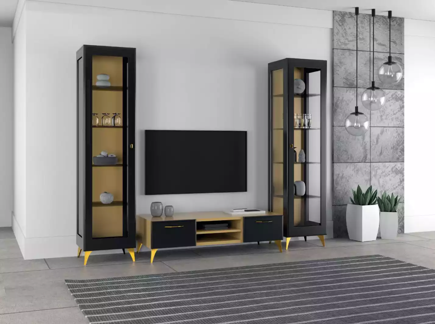 tv Ständer 2х Vitrine Wohnwand Luxus Set 3tlg. Wohnzimmer Holz 3tlg.