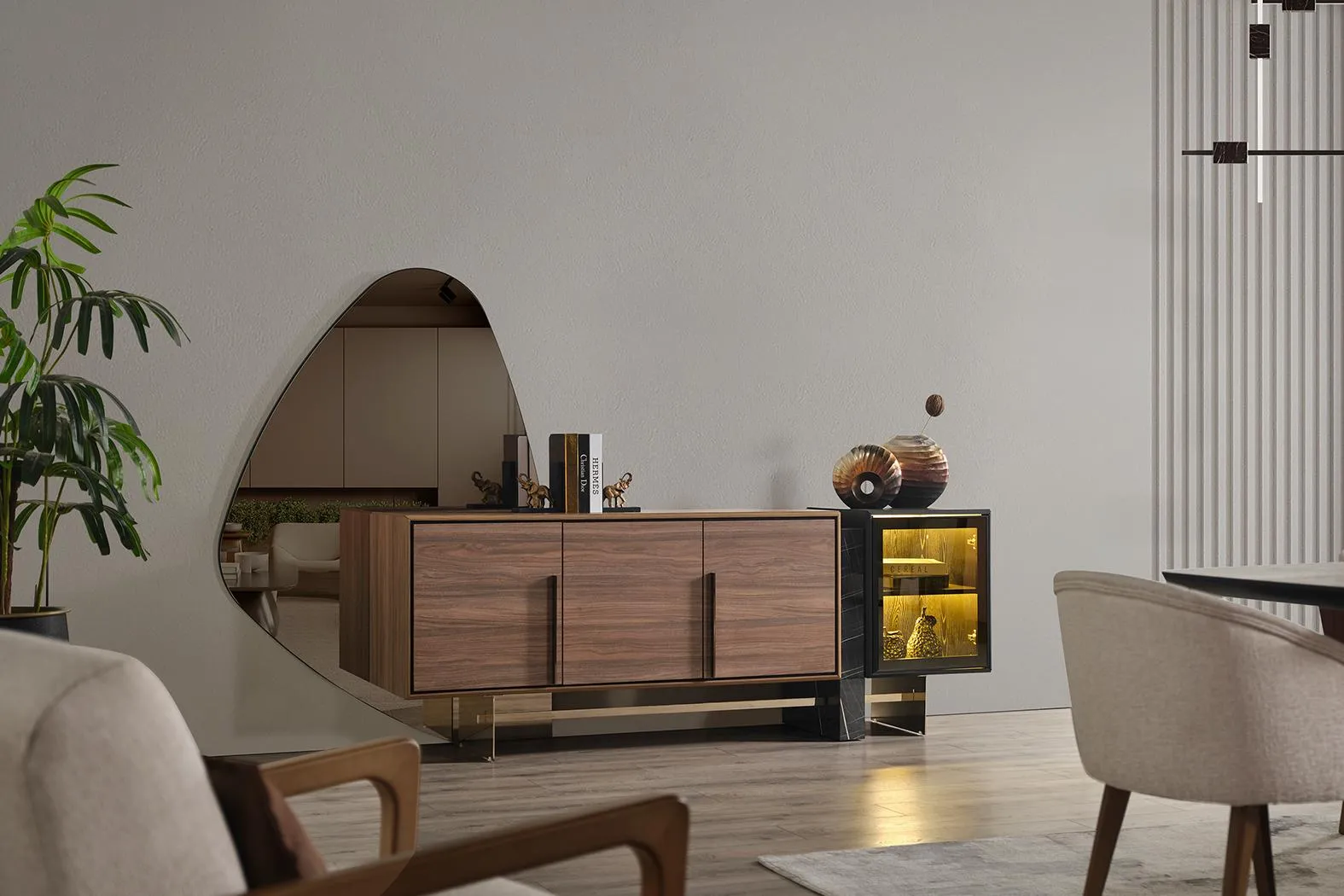 Esszimmer Sideboard mit Spiegel Braun Kommode Anrichte Holz Regal