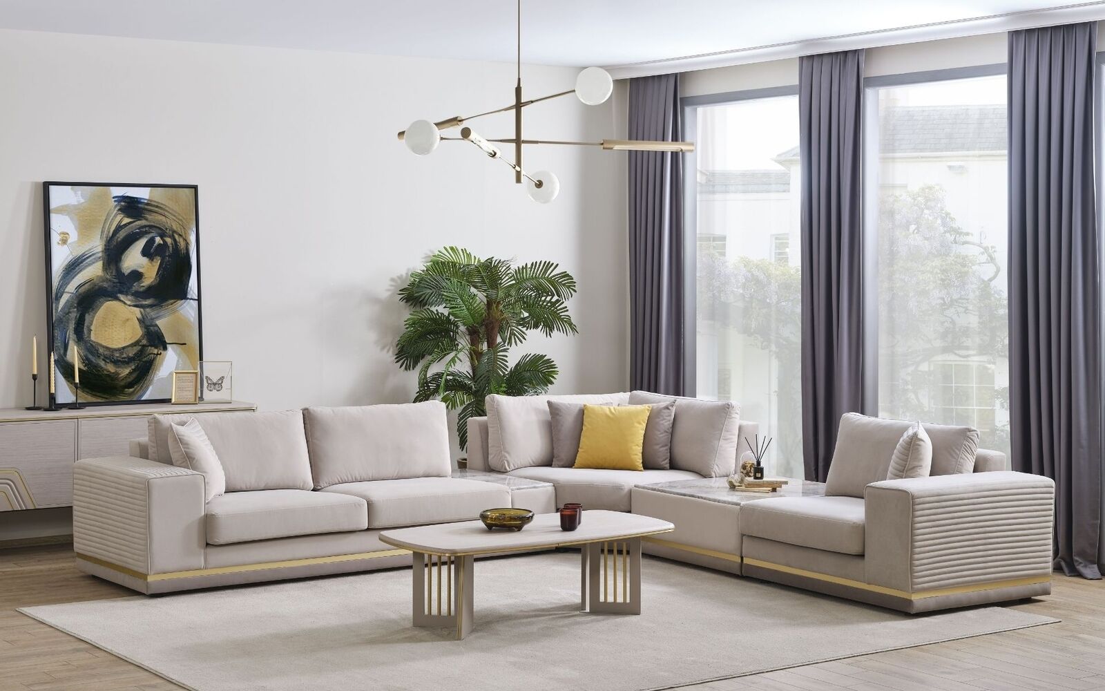 Wohnzimmer Hellbeiges Ecksofa L-Form Couch Modernes Textil Sofa Möbel