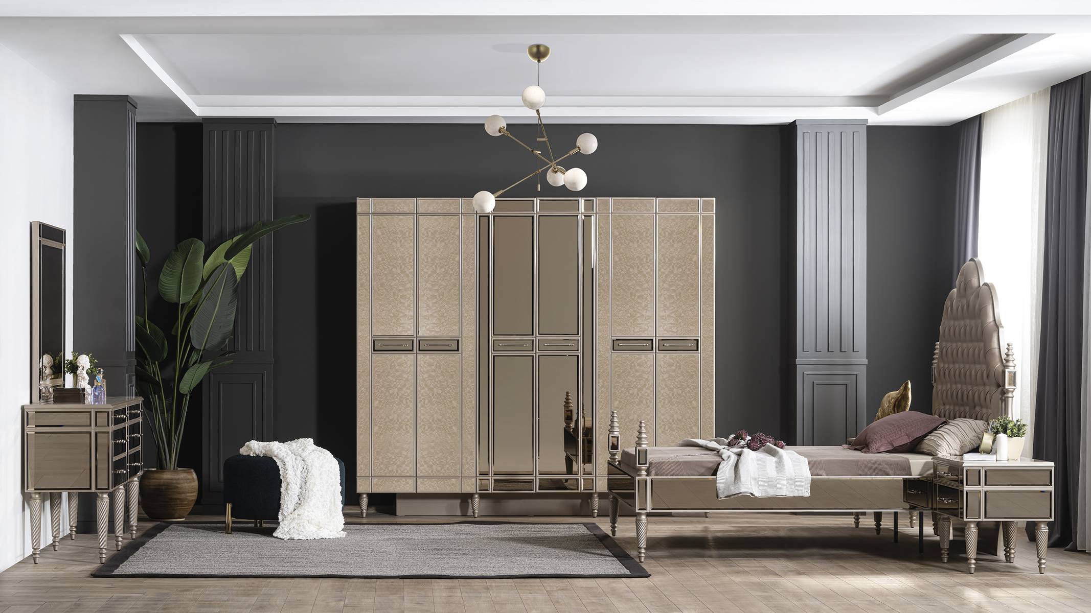 Schlafzimmer Komplettes Bett 2x Nachttische Kommode mit Spiegel 5tlg