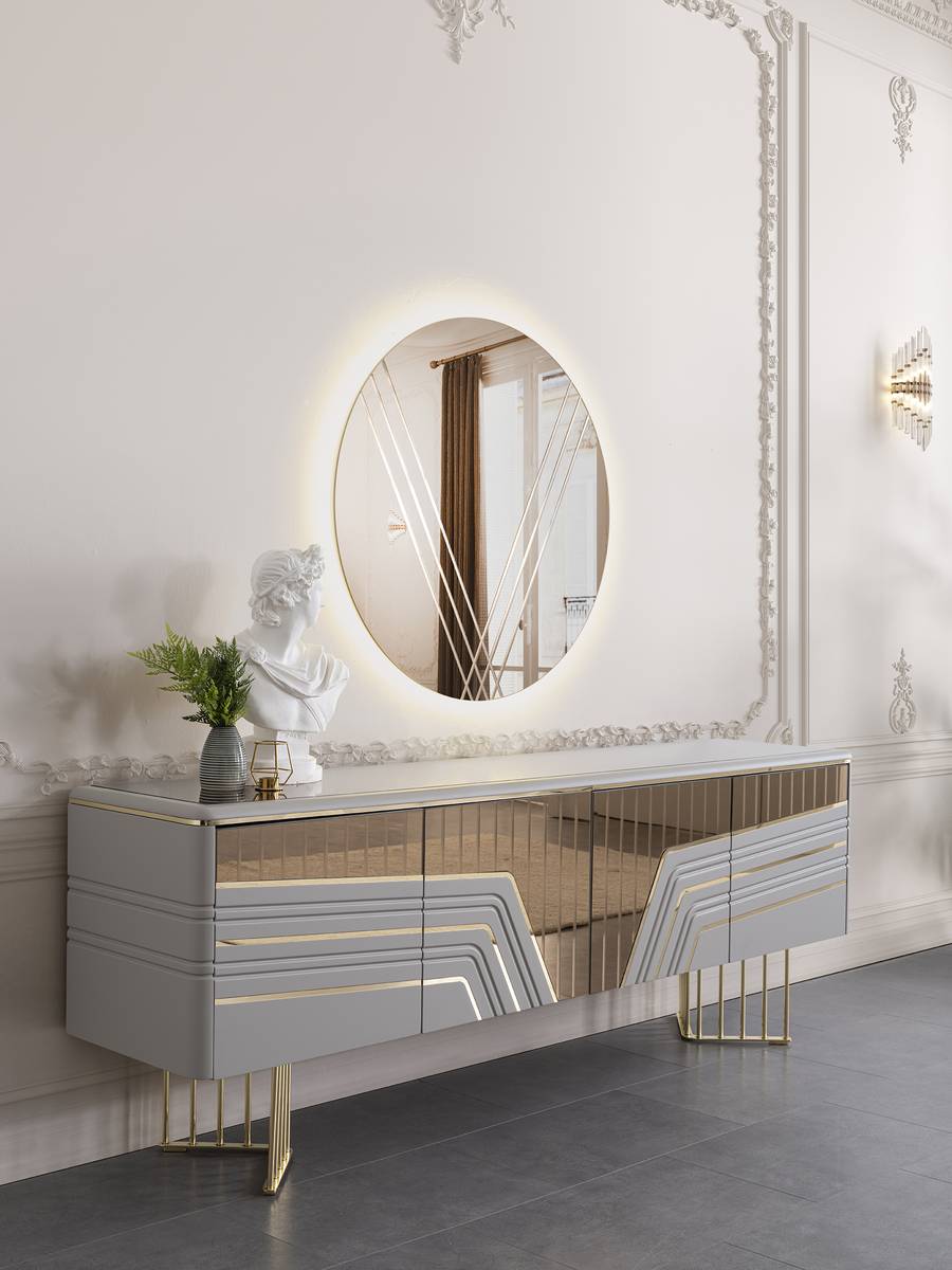 Moderner Silber Sideboard Rundspiegel LED Beleuchtung Designer 2tlg Set