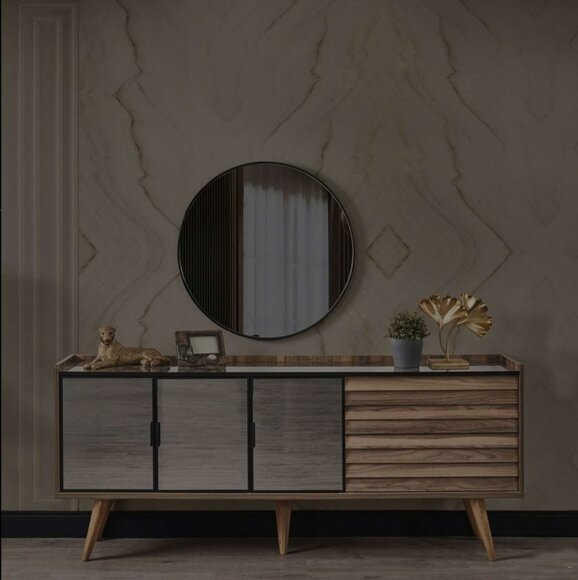 Braunes Esszimmer Set Stilvolles Sideboard Rundspiegel Holzmöbel 2tlg