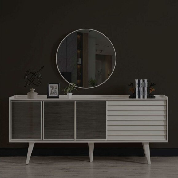 Weißes Sideboard Luxuriöser Rundspiegel Designer Holzmöbel 2tlg Set Neu