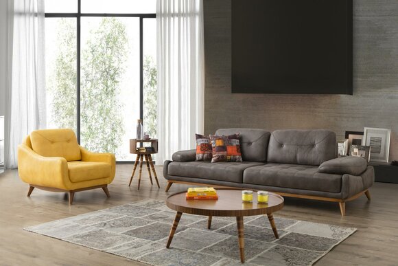 Designer Grau-Gelbe Sofagarnitur Luxus Sessel Moderner Dreisitzer 2tlg