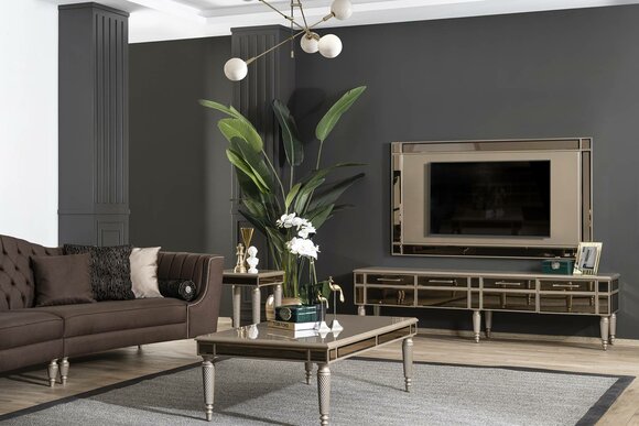 Goldene Wohnzimmer Einrichtung Designer Sideboard Luxus TV-Rahmen 2tlg