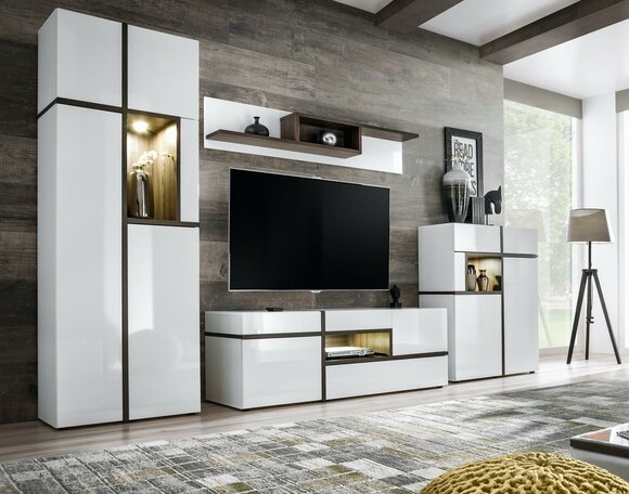 Modern Wohnwände Set 4 tlg Wohnzimmer Weiß Holz Möbel Schrank TV-Ständer