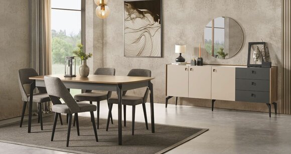 Luxus Esszimmer Set Esstisch 4x Stühle Sideboard mit Spiegel Set