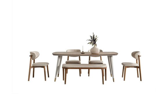 Chic Set Besteht aus Esstisch und 4x Stühle + Bank in Esszimmer beige