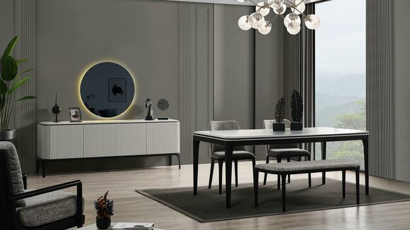 Esszimmer Set 8tlg.Esstisch 4x Stühle Spiegel Anrichte Bank Helles Farbe