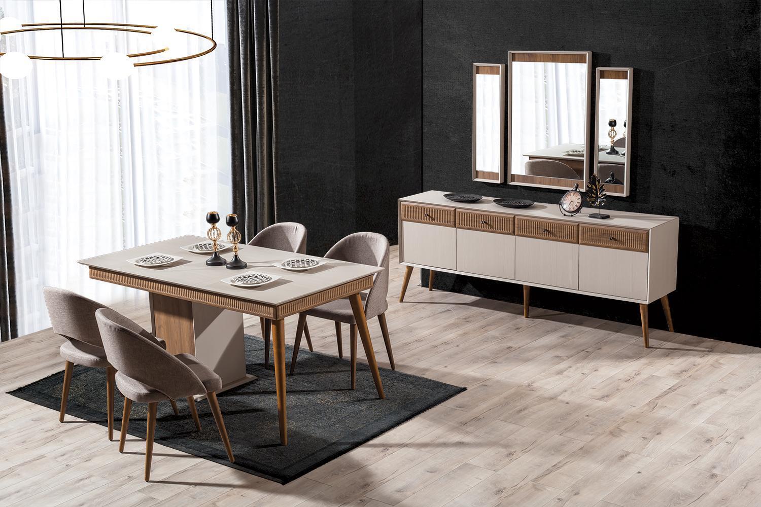 Design 9tlg.Esszimmer Set Esstisch und 4x Stühle Anrichte mit 3x Spiegel