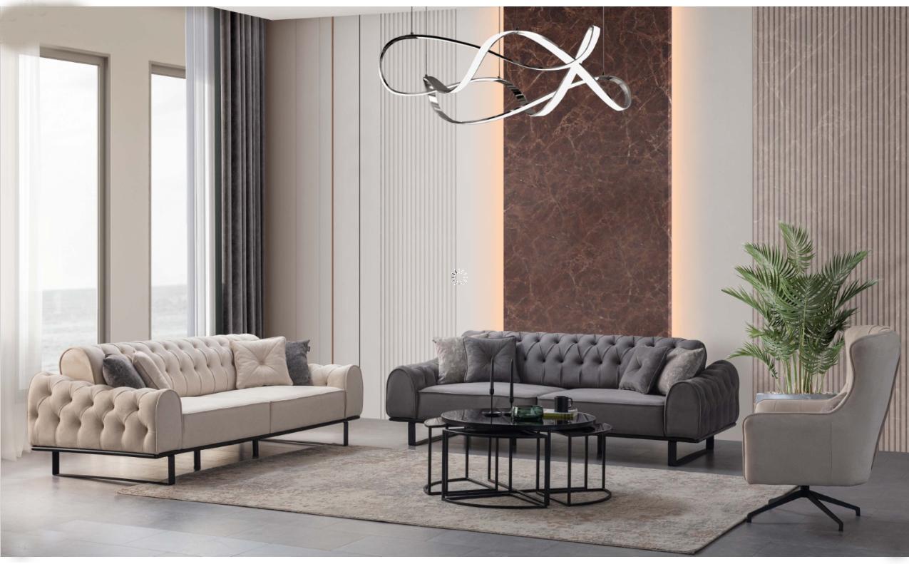 Weiß-Graue Chesterfield Couchgarnitur Designer Polster Sessel 3tlg Set