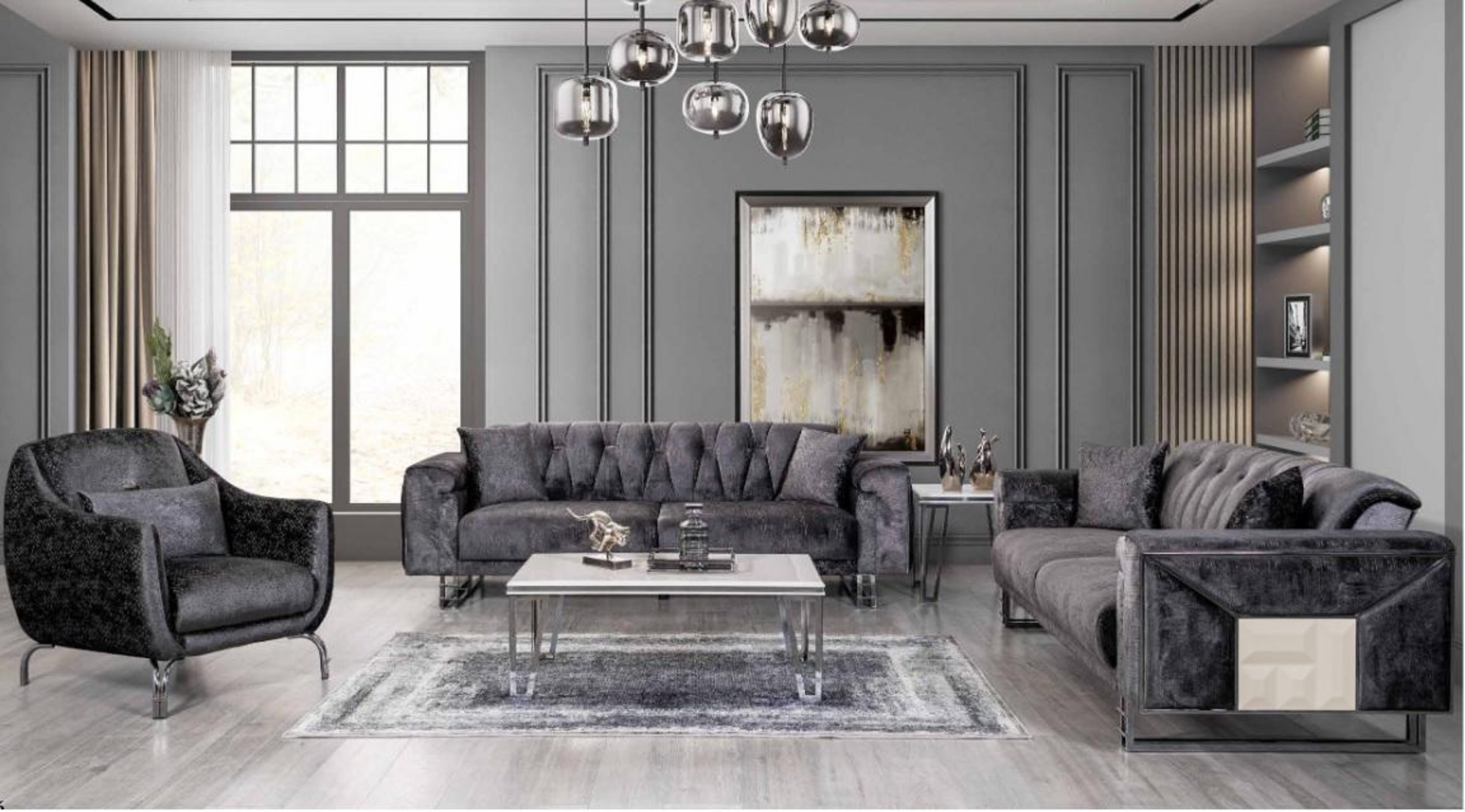 Luxus Blaue Sofagarnitur Designer Dreisitzer Couchtisch Beistelltisch