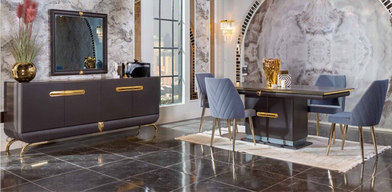 Esszimmer Edelstahl Garnitur Designer Esstisch 4x Stühle Kommode 7tlg