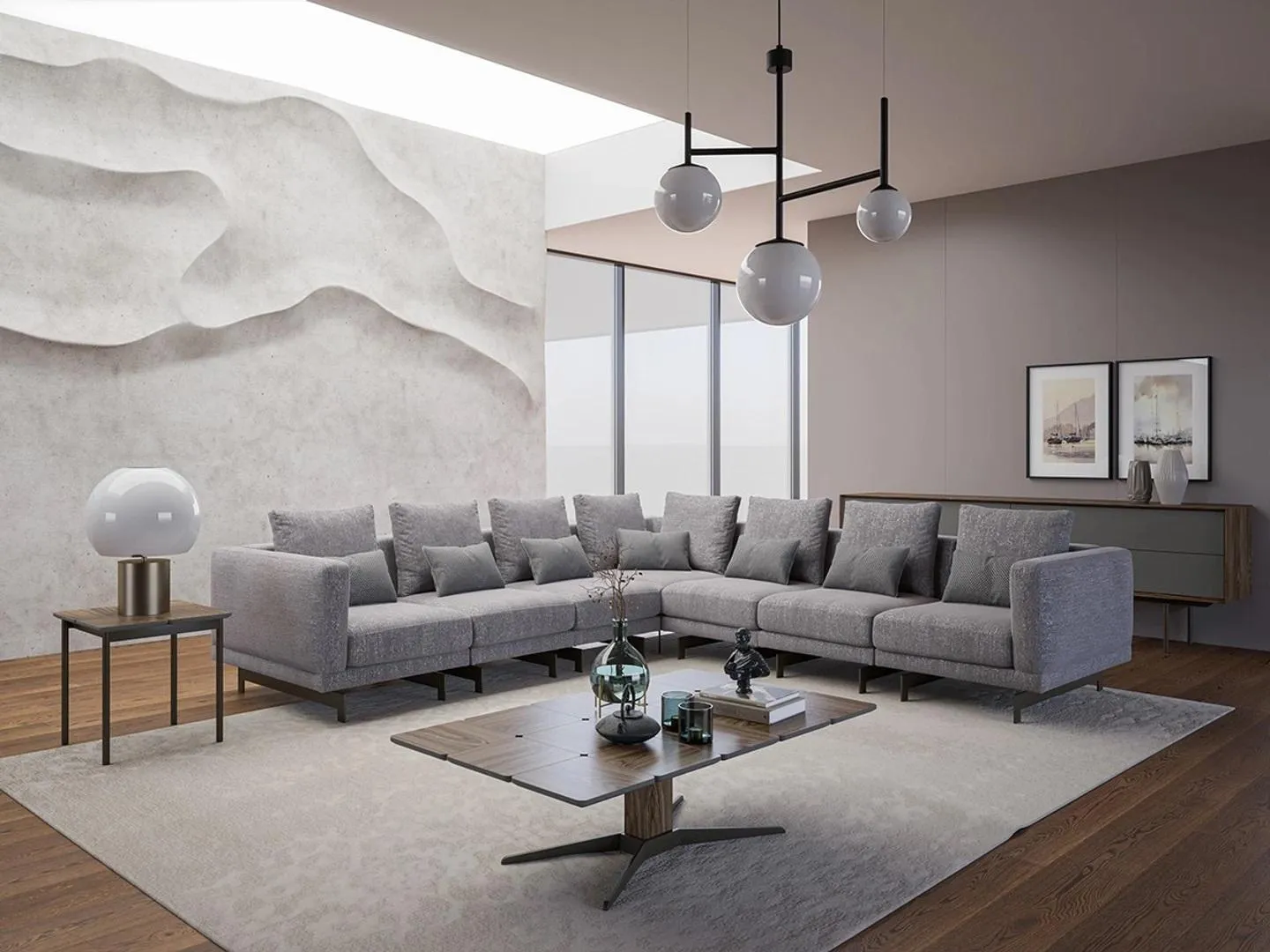 Neu Komplett Möbel Ecksofa L-Form Textil Wohnzimmer Holz Couchtisch