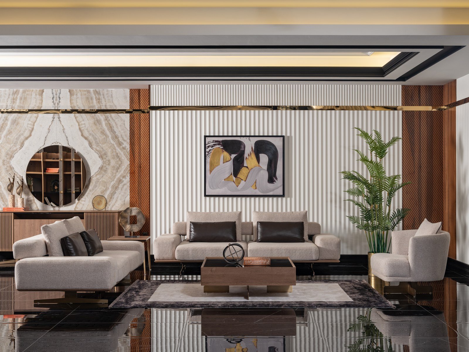 Wohnzimmer Set aus Holz und Textil in Beige modern und elegant