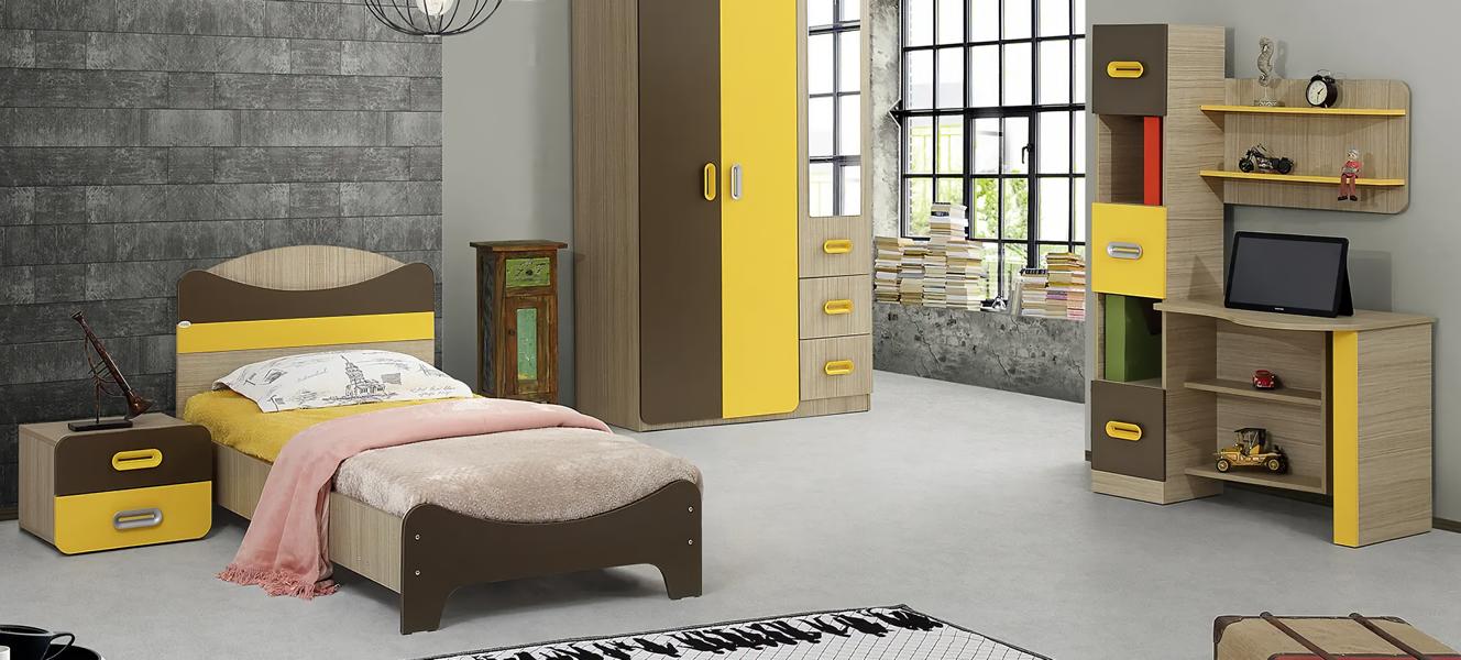 Modernes Set Bett Nachttisch Schreibtisch Gelb Braun Design Akzent Möbel 3tlg.