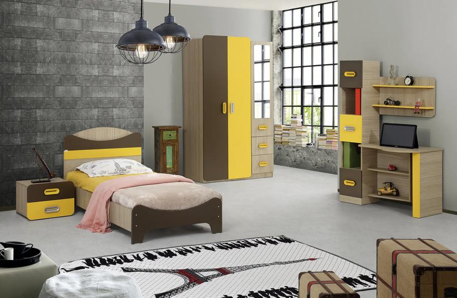 Modernes Set Bett Nachttisch Schreibtisch Kleiderschrank Gelb Braun Kinderzimmer