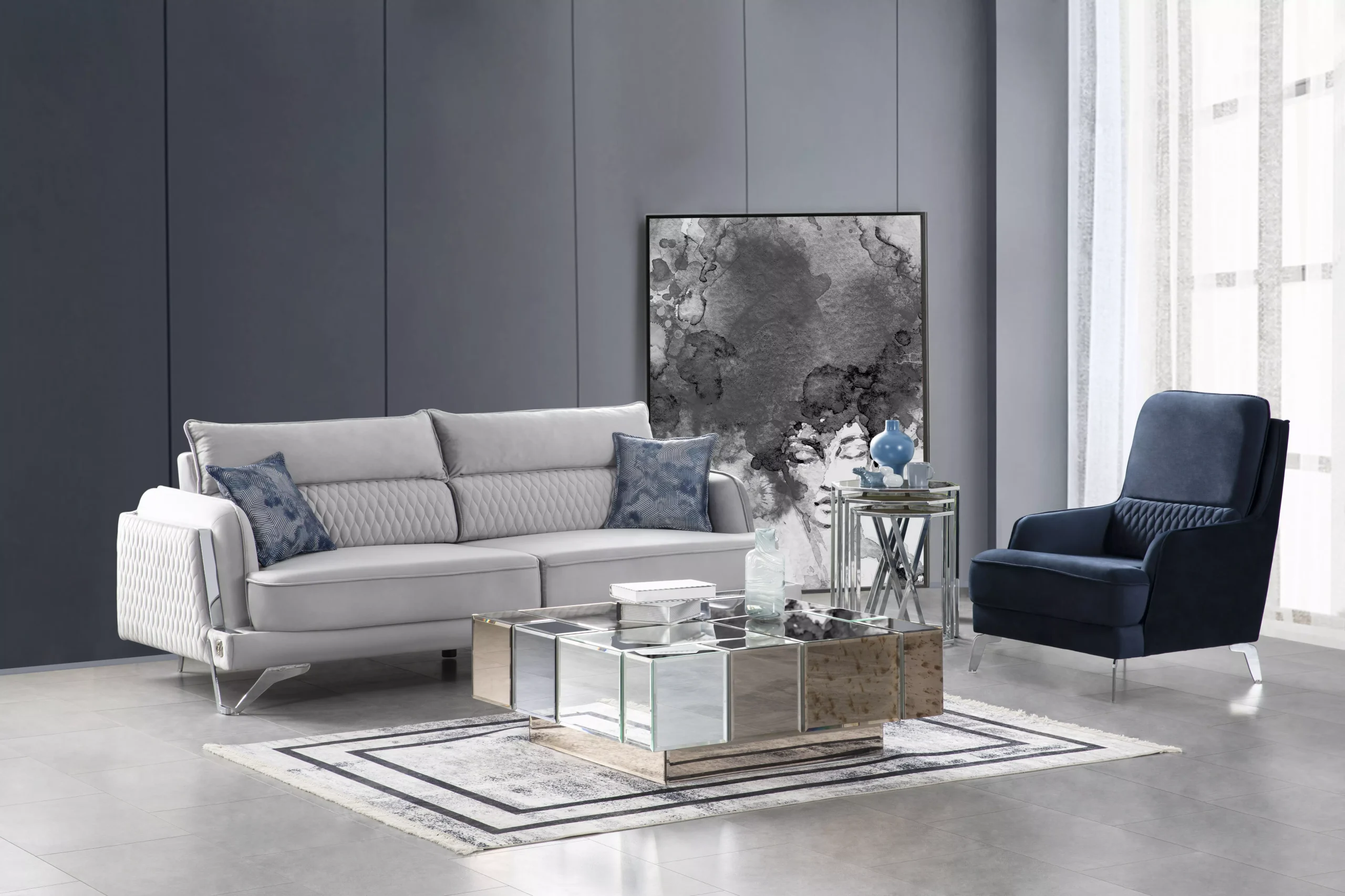 Sofagarnitur 3+1 Sitzer Hellgrau Blau Stoffbezug Chromfüße Modern Wohnstil