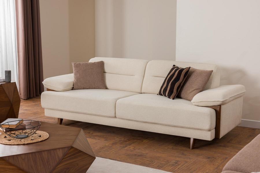 Sofa 3-Sitzer Beige Stoff Holzdetails Skandi Stil Modern Komfort Wohnzimmer